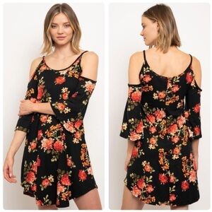 WOMEN'S COLD SHOULDER BLACK FLORAL TUNIC DRESS | SIZE S-M-L